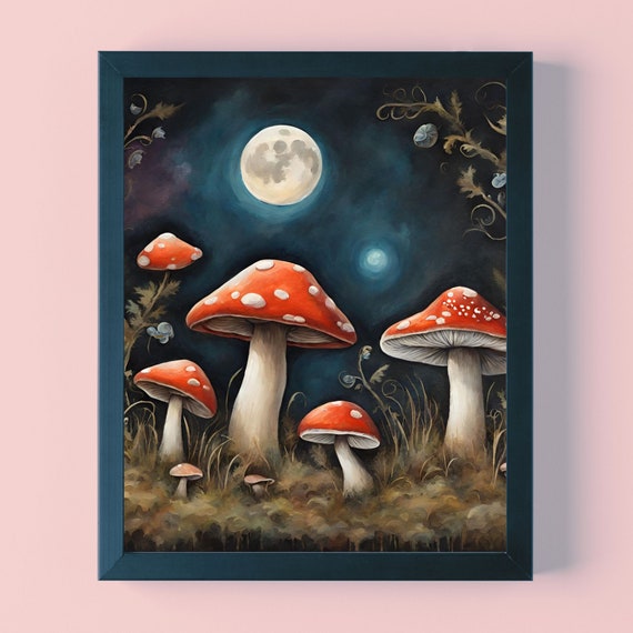 Mushroom Moon Botanical Print – Cottagecore Toadstool Decor