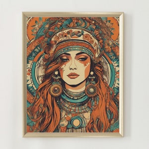 Espíritu libre Boho mujer pared arte impresión Boho nativo americano gitano mujer cartel fantasía Hippy hogar decoración Boho mujer pared arte imprimible