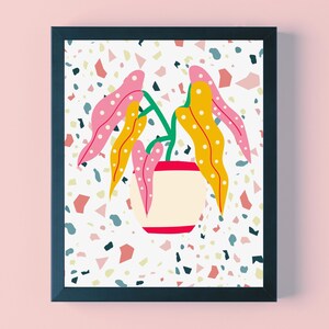 May include: A framed print of a stylized illustration of a plant with pink and yellow leaves in a white pot with a red rim. The background is a terrazzo pattern with white, gray, pink, and blue colors.