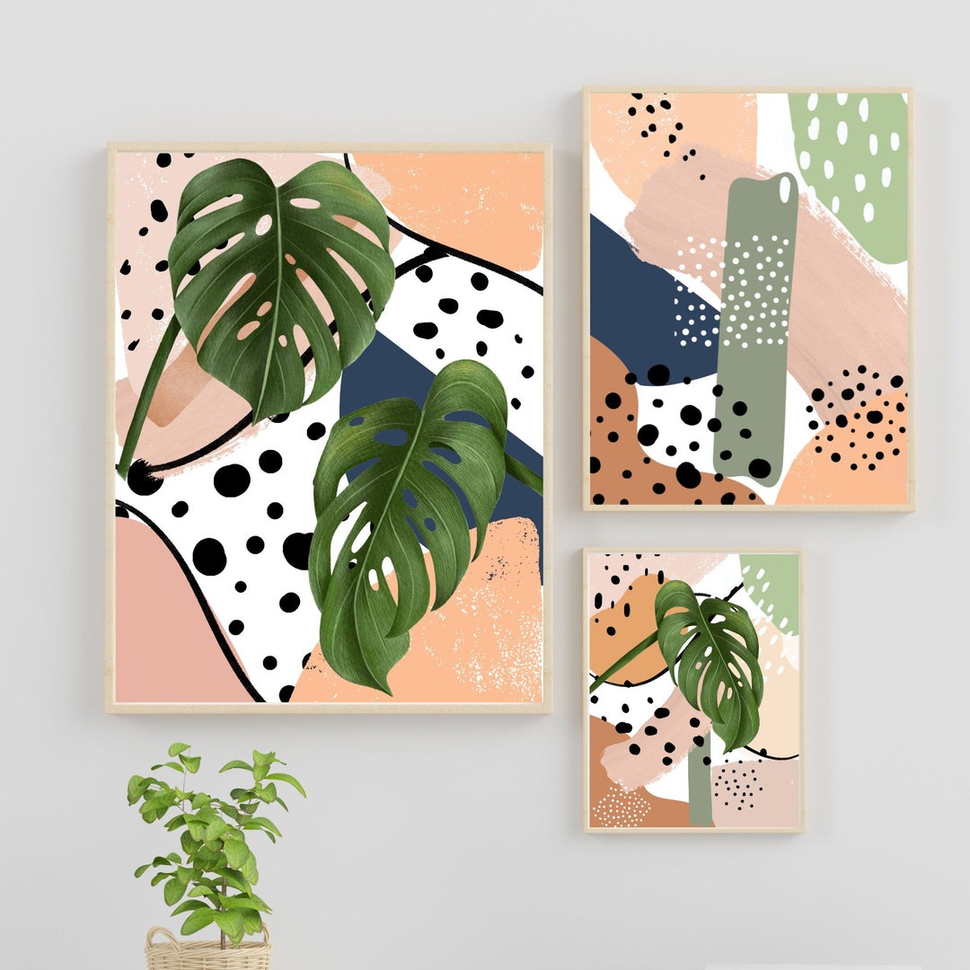 Botanical Leaf Art Prints: Boho Green Peach Fuzz Set of 3 (digital ...