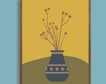 Abstract Floral Print: Ochre, Navy, and Mustard Still Life Art