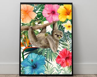 Sloth Print, Jungle Sloth Botanical Wall Art, Sloth Decor, Tropical Sloth Print, Sloth Safari Gift, Bright Bold Maximalist Sloth Wall Decor