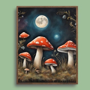 Luna y setas Bosque Encantado Arte Botánico Impresión Cartel de Setas Oscuras Cottagecore Toadstool Bosque Celestial Noche Pared Arte Impresión