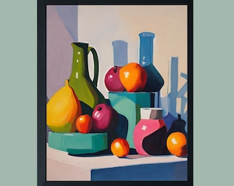 Colorful Still Life Print: Retro Kitchen Fruit & Vases (digital