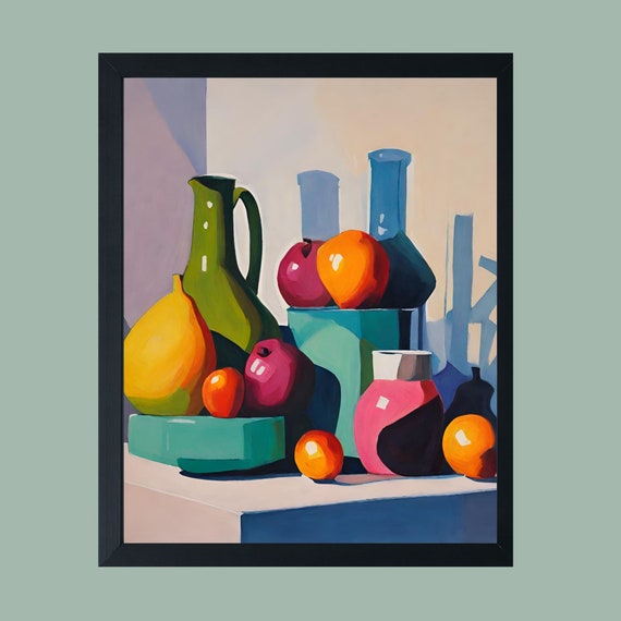 Colourful Vases and Fruit Still Life Print Minimalist Modern