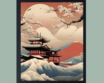 Impresión artística de montaña con cerezos en flor: Paisaje ukiyo-e (descarga digital)