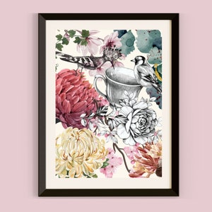 Vintage Watercolour Bird Print Teacup Floral Bird Artwork Bird Lover Wall Art Victorian Style Watercolour Print Eclectic Bird Print SHIPPED