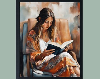 May include: A painting of a person sitting in a chair and reading a book. The person is wearing a long, colorful robe and has long brown hair. The chair is a light brown color and has a blue cushion. The background is a light brown color with some white and gray brushstrokes.