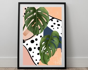 Stampa artistica con pianta Monstera Boho: decorazione scandinava astratta (download digitale)