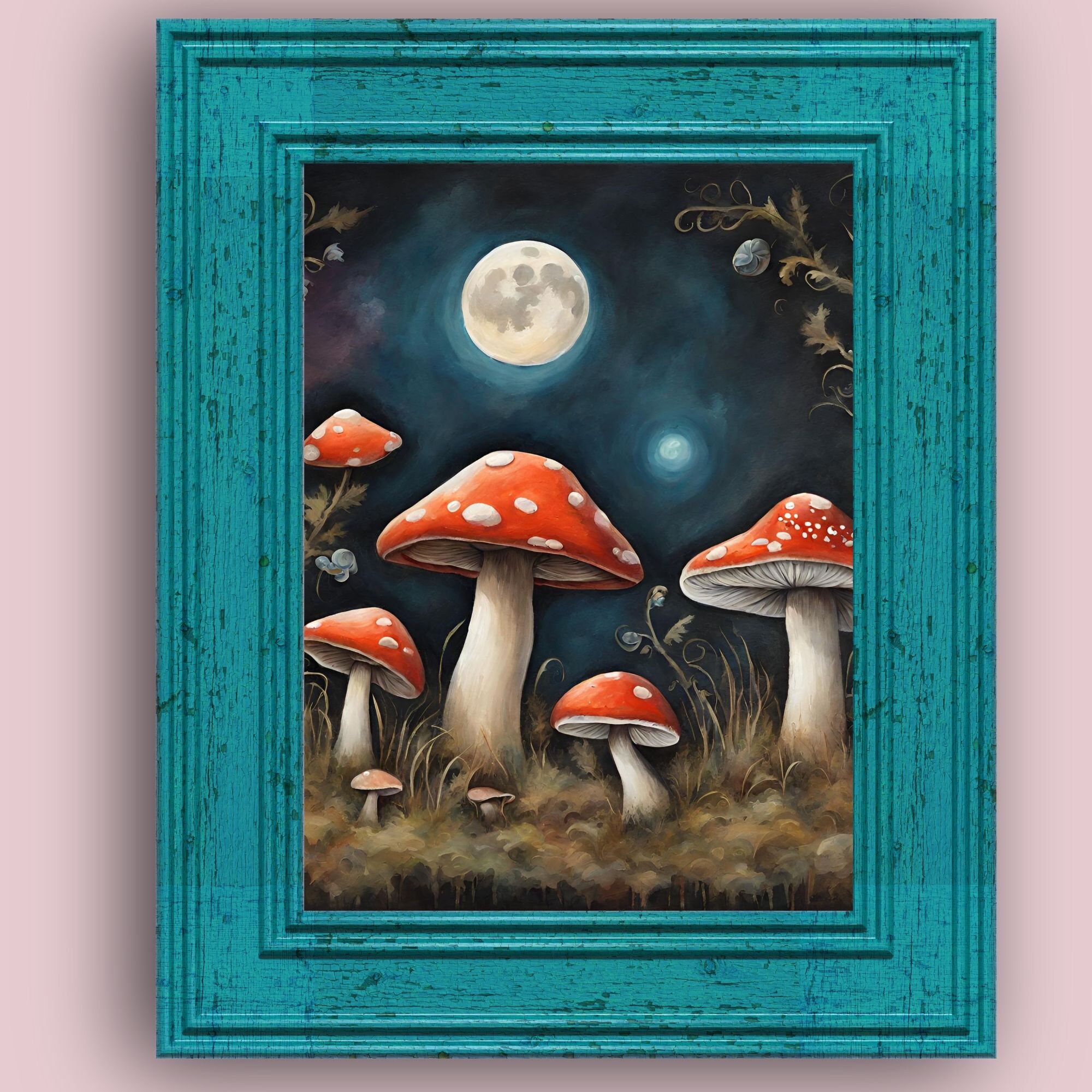 Mushroom Moon Botanical Print – Cottagecore Toadstool Decor