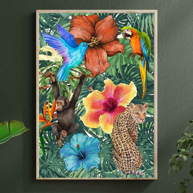 Tropical Jungle Wall Art, Colourful Tropical Maximalist Print, Tropical Animals Hummingbird