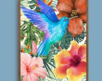 Kolibri & rosa Blume Print: Tropisches Botanisches Wandbild (Digitaler Download)