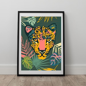 Leopard Wall Art Jungle Tropical Green Leaves Print Animal Poster for Bedroom Wall Art for Bathroom Art Print for Living Room