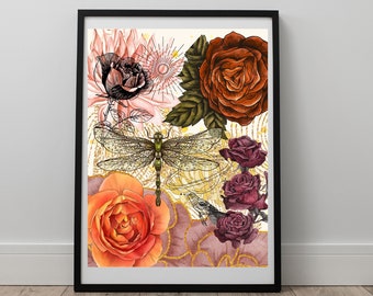 Dragonfly Rose Printable Wall Art, Vintage Victorian Style Home Décor, Floral Poster, Vintage Abstract Printable Art, Dragonfly Floral Print