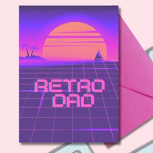 Cartão retrô para o Dia dos Pais, cartão de aniversário retrô para o pai dos anos 80, cartão comemorativo para o pai com tema nostálgico e eletropop ao pôr do sol em Miami Vice