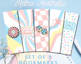 Preppy Bookmarks Printable Set of 5 Digital Retro  Pastel Good Vibes Take It Easy Digital Bookmarks Friendship Gift Back To School Bookmarks