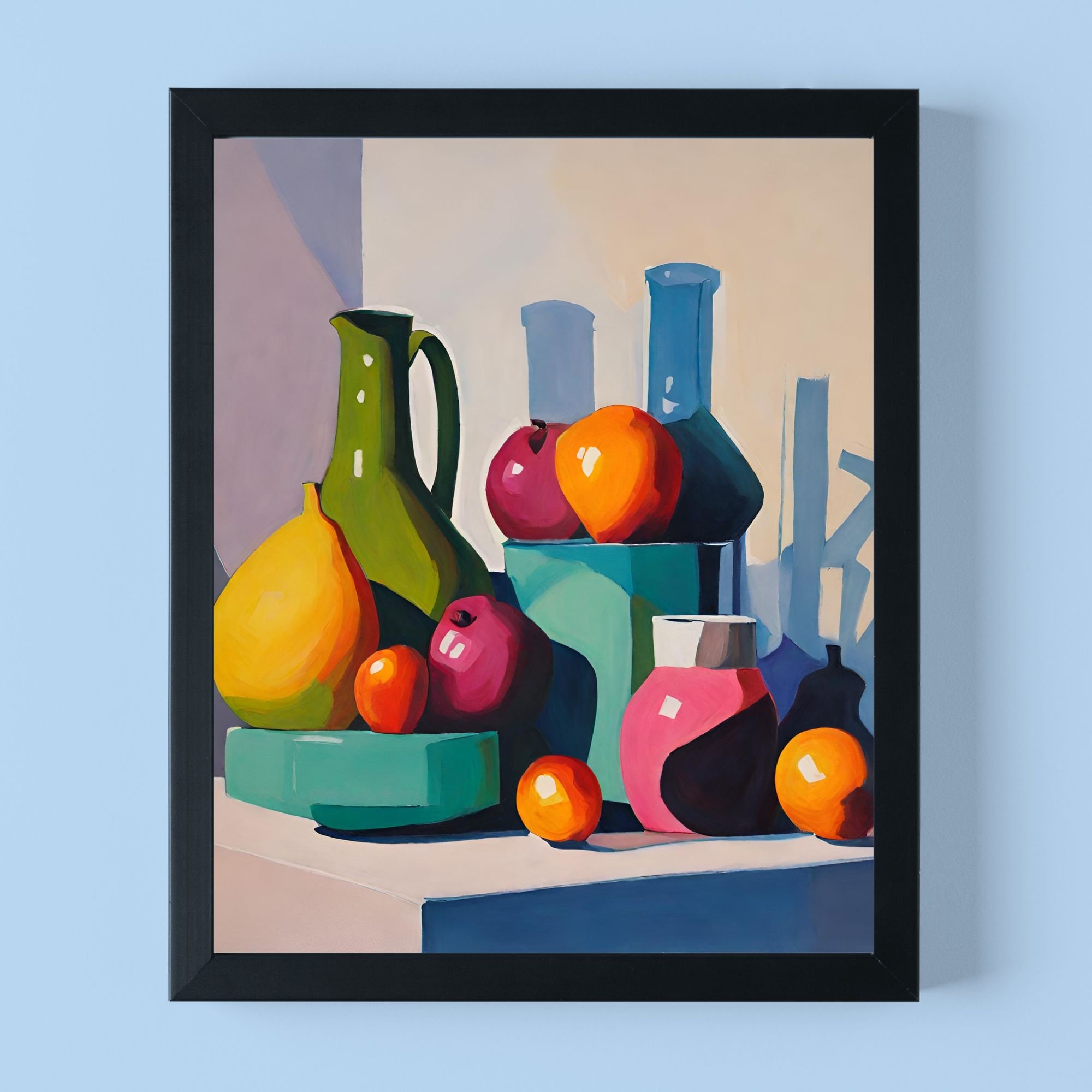 Colorful Still Life Print: Retro Kitchen Fruit & Vases (digital