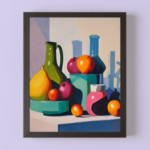 Colourful Vases and Fruit Still Life Print Minimalist Modern Abstract Still Life Kitchen Digital Painting, Colourful Retro Aesthetic Artwork