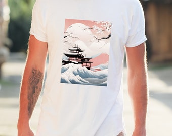 Japanese Temple Cherry Blossom T-Shirt: Oriental Vibes Unisex Cotton Tee