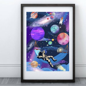 Spaceman Wall Art Astronaut Poster Space Galaxy Print Kids Room Planets Art Playroom Home Boys Nursery Decor Gender Neutral Solar System Art