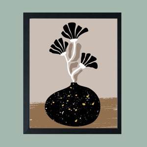 Impresión botánica abstracta, ramo de flores beige negro, cartel floral, decoración del hogar boho, colores neutros, jarrón, impresión de arte de naturaleza muerta minimalista