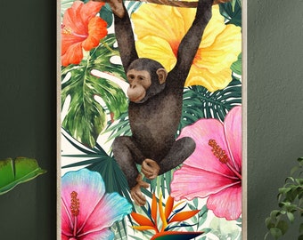 Vintage print aap: tropische botanische orang-oetan jungle muurkunst