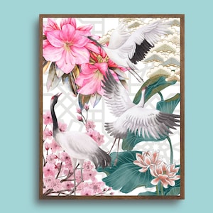 Vintage Cranes Asian Wall Decor Maximalist Oriental Home Japanese Crane Poster Vintage Japanese Floral Art Poster Print SHIPPED PRINT