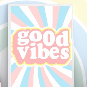 Impresión de pared con cita retro de Good Vibes, Arte de pared colorido, Cita de texto positiva de Good Vibes, Póster de interpolación, Decoración de pared de color caramelo, Decoración de dormitorio adolescente