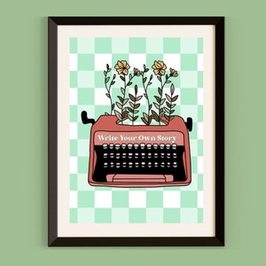 Bookish Wall Art Print Retro Typewriter Floral Decor Abstract Poster Print Retro Checkerboard Wall Art Book Lover Writers Housewarming Gift