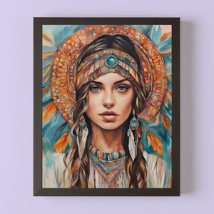 Boho nativo americano indio arte impresión libre espíritu chica boho pared arte fantasía decoración del hogar patrón indio azul boho étnico mujer cartel