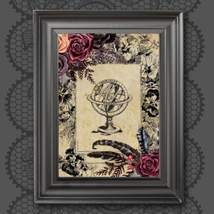 Dark Academia Vintage Illustration Armillary Sphere Gothic Dark Cottagecore Decor Victoria Dark Moody Art Print Vintage Poster Dark Roses