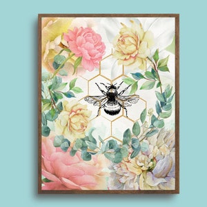 Flower Bee Print Wall Art Bedroom Print Colourful Decor Prints Floral Prints Botanical Living Room Decor Cottagecore Art Poster A4 A3 Art