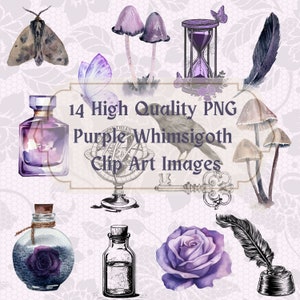 Victorian Dark Academia Whimsigoth Purple Clip Art PNG 14 Printable Romantic Raven Rose Hourglass Potion Bottle Dark Cottagecore Halloween