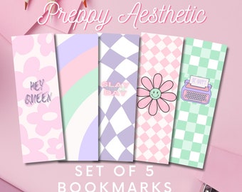 Preppy Book Lover Bookmarks, Printable Bookmarks Preppy Aesthetic Set of Five Digital Bookmarks Pastel School Friendship Gift Back To School