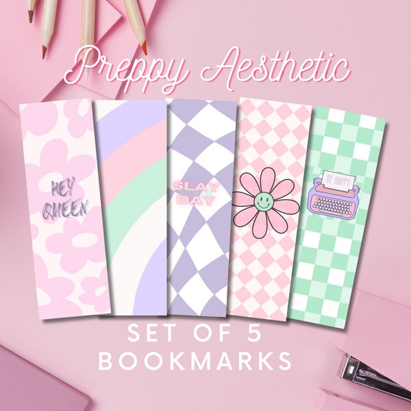 Preppy Book Lover Bookmarks, Printable Bookmarks Preppy Aesthetic Set of Five Digital Bookmarks Pastel School Friendship Gift Back To School