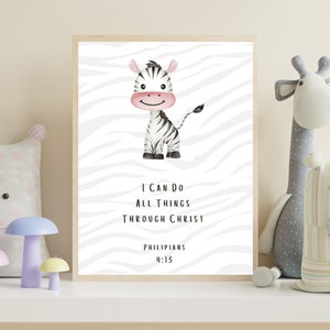 Zebra Christian Nursery Print, Kids Bible Verse Wall Art, Baby Boy Nursery Scripture Print, Nursery Jungle Safari, Gender Neutral Girl Art
