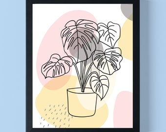 Monstera Leaf Line Art Print: Abstract Botanical Home Decor (Digital Download)
