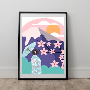 Japandi Modern Geisha Wall Art Flower Poster Japanese Woman Blue Kimono Japanese Home Decor Digital Print