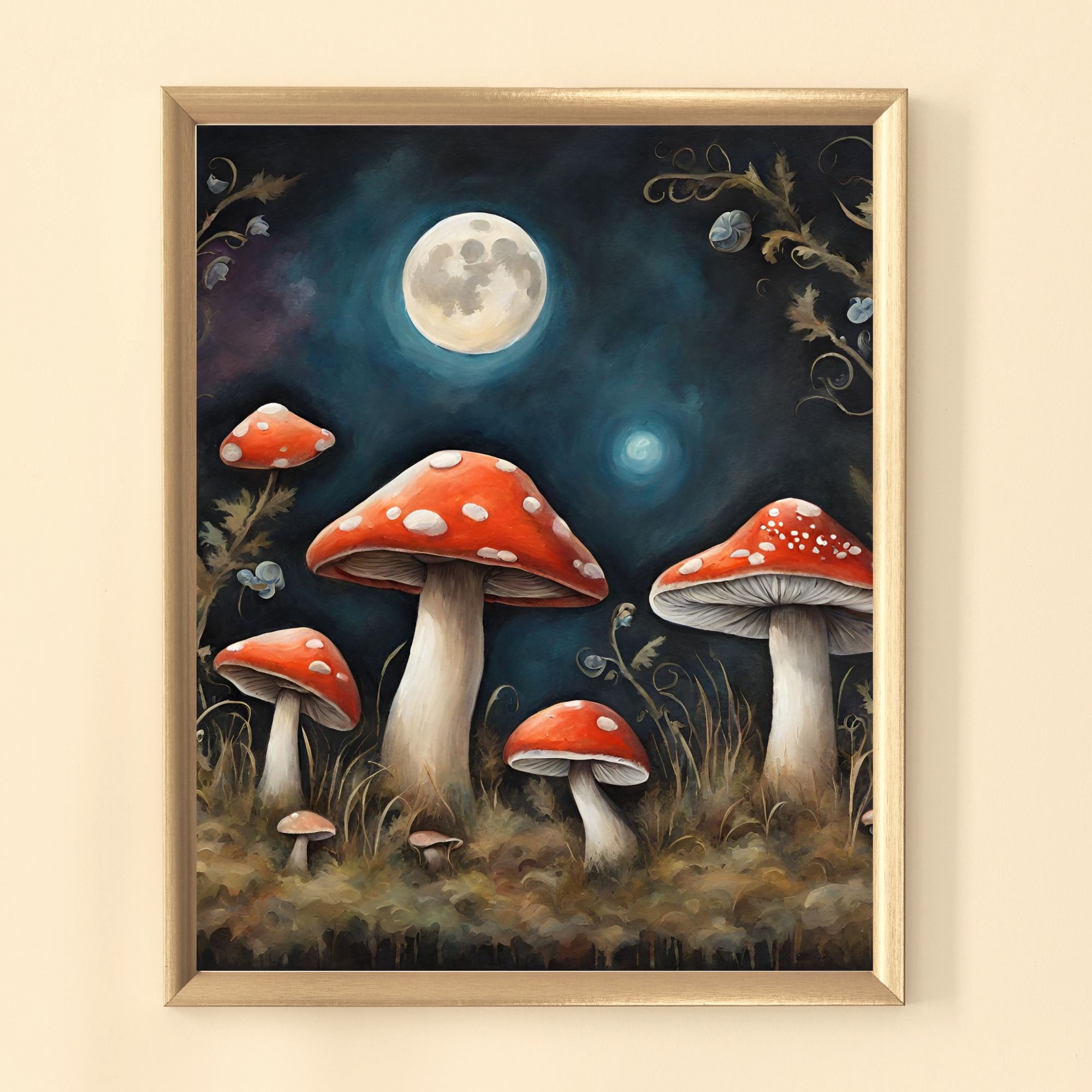 Triple Mushroom Moon オリジナルアート Mushroom Moon Botanical Print – Cottagecore Toadstool Decor