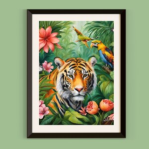 Tiger Wall Art Jungle Tropical Flowers Print Animal Poster Tiger Home Decor Colourful Jungle Print Boho Wall Art Flowers Housewarming Gift