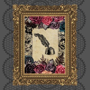 Dark Victorian Ink Pot Illustration Print Vintage Dark Floral Ink Pot Gothic Moody  Print Dark Academia Floral Cottagecore Romantic Poster