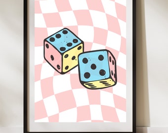 May include: Two dice with a pink, blue and yellow colour scheme are on a pink and white chequered background. The dice are drawn in a cartoon style.