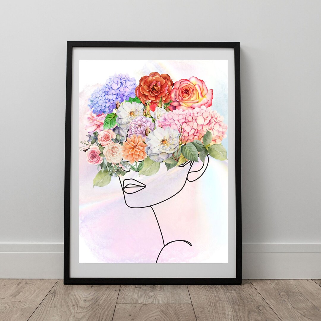 Modern Woman Fineline Printable Art Woman With Flower Head Print
