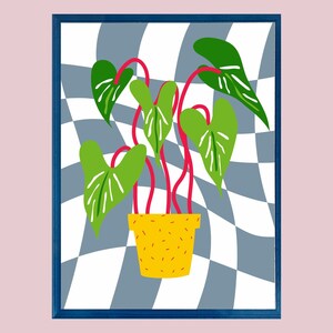 May include: A green plant with heart-shaped leaves in a yellow pot with a red and white checkered pattern background.