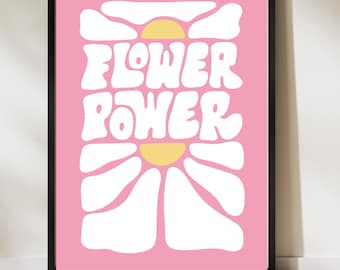 Flower-Power-Druck | Rosa Retro Groovy Floral, Boho Wandkunst