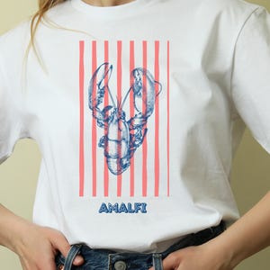 Cute Amalfi Lobster Coastal Aesthetic T-Shirt Lobster Red & Blue Graphic Tee Seafood Lover Coastal Fashion Nautical Style Shirt Boho TShirt