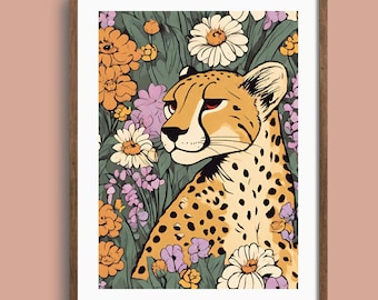 Leopard Floral Jungle Art Print: Boho Cheetah Decor