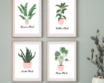 Set Of 4 Botanical Potted Prints, Wall Art, Home Decor, Bathroom Decor, Botanical Illustration, Leaf Prints, Bathroom Prints, Home Prints
