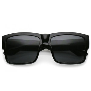 May include: Black square-shaped sunglasses with a thick black frame.