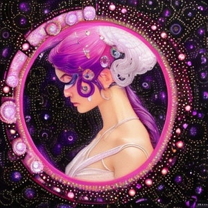 Ethereal girl with purple hair; a rhinestone black background